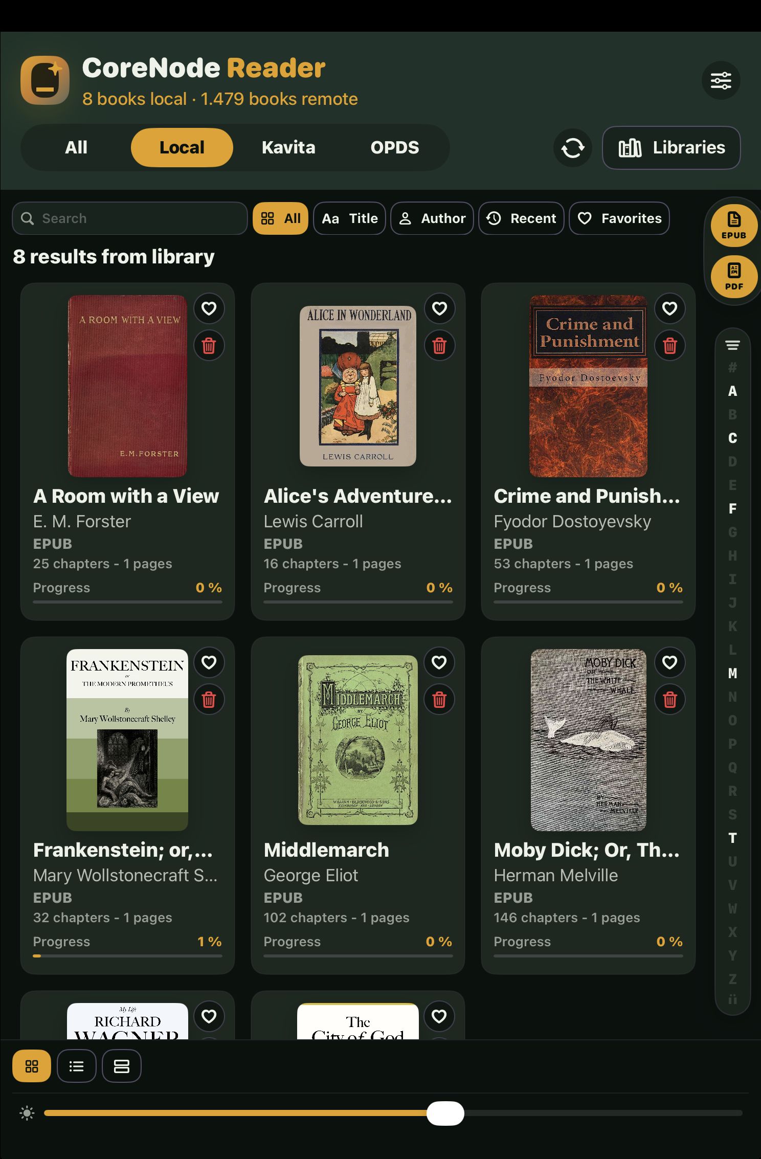 CoreNode Reader library with local books, Kavita and OPDS filters